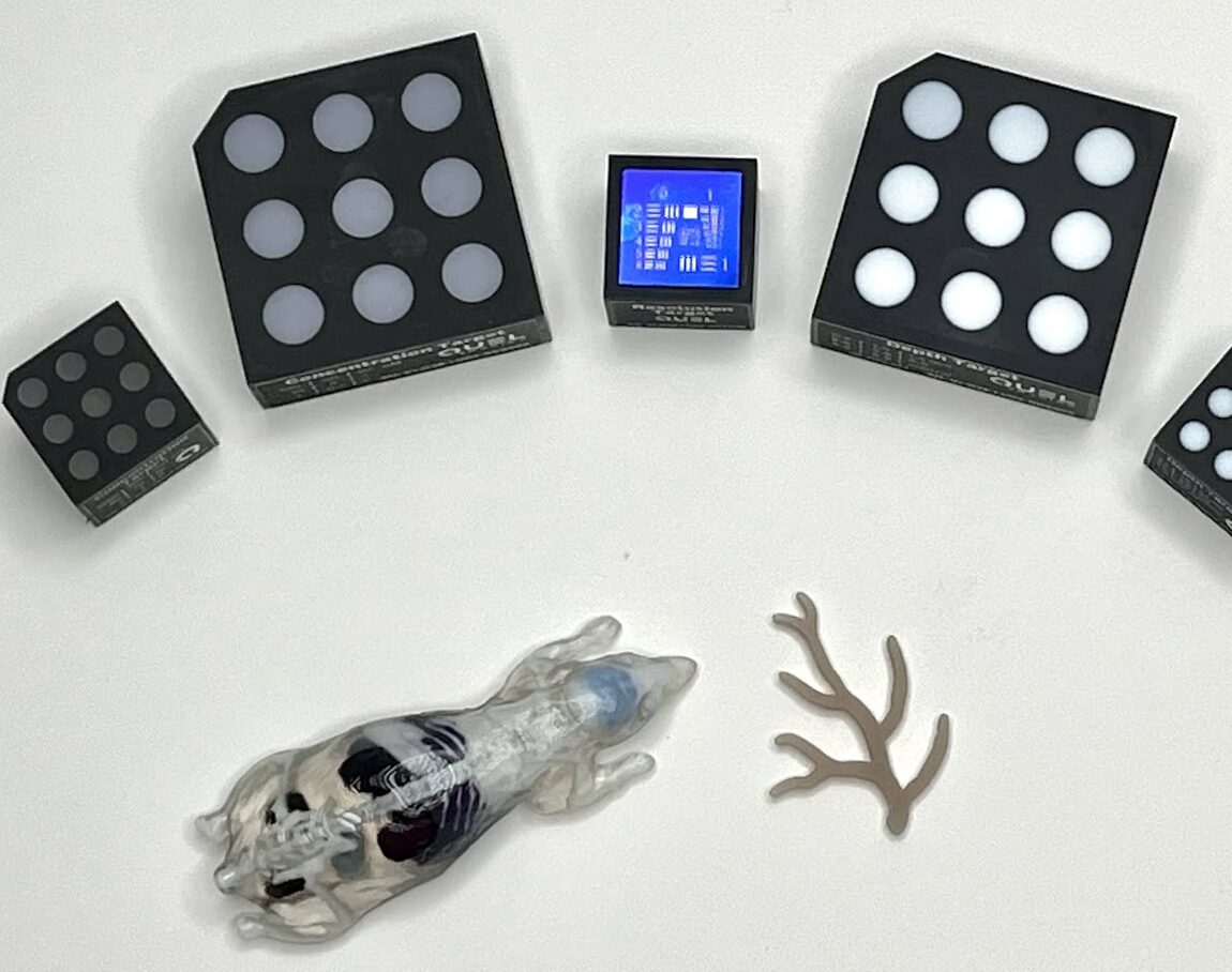 A tabletop view of our standard reference targets and some custom phantoms.